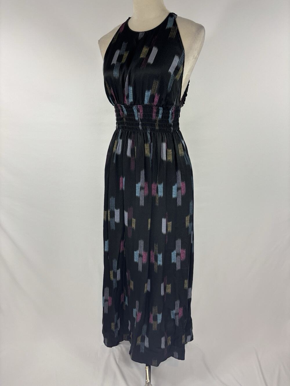 Xirena Tavia Silk Maxi Dress Black Ikat Print Small Halter Neck Pockets Backless